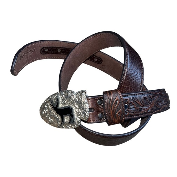 Nocona Belt Co Engraved Leather Western Belt with Deer Buckle Size 42 - Picture 1 of 7